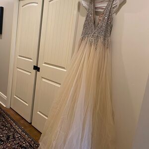 Jovani Silver and Cream Maxi Dress